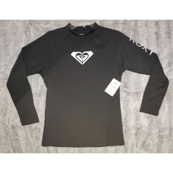 NWT Roxy Whole Hearted Long Sleeve Rashguard Size XL Black Surf Beach UPF 50 - Picture 1 of 9